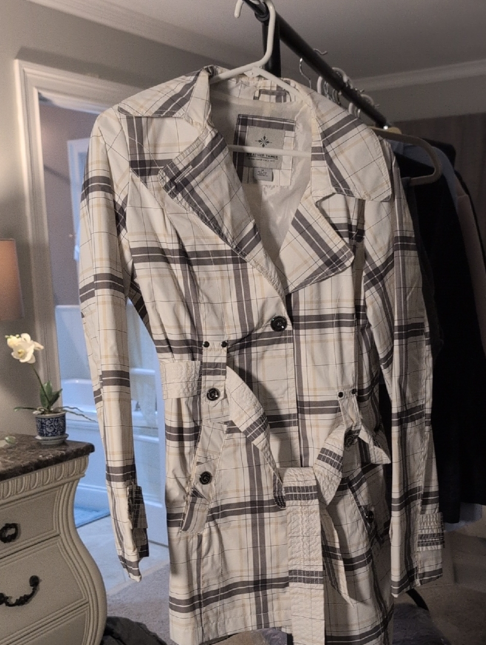 Plaid Rain Trench Coat - Cream & Gray Plaid